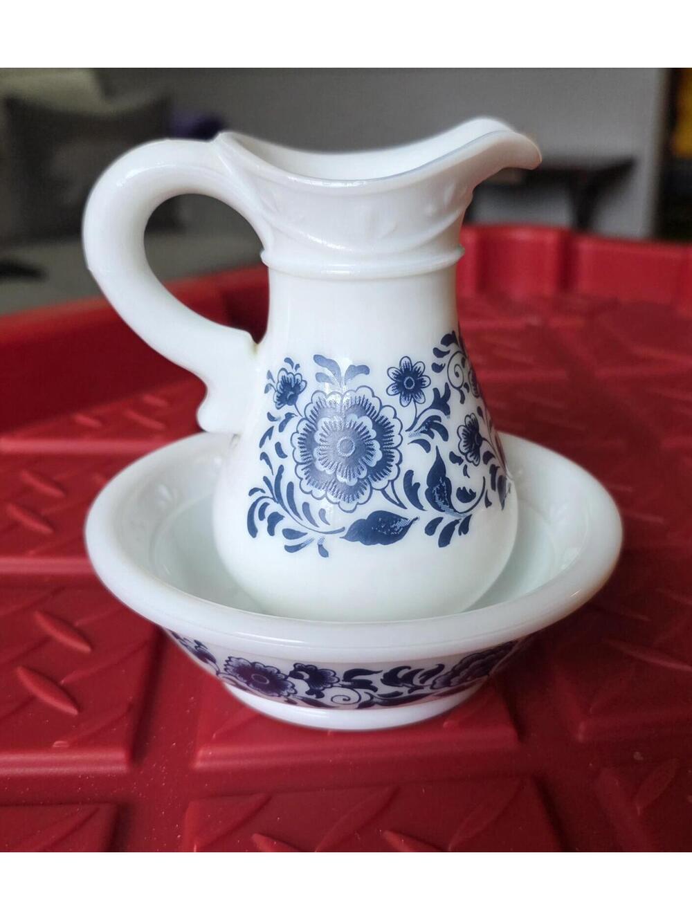 Avon Vintage Blue Floral Ceramic Pitcher and Bowl Set